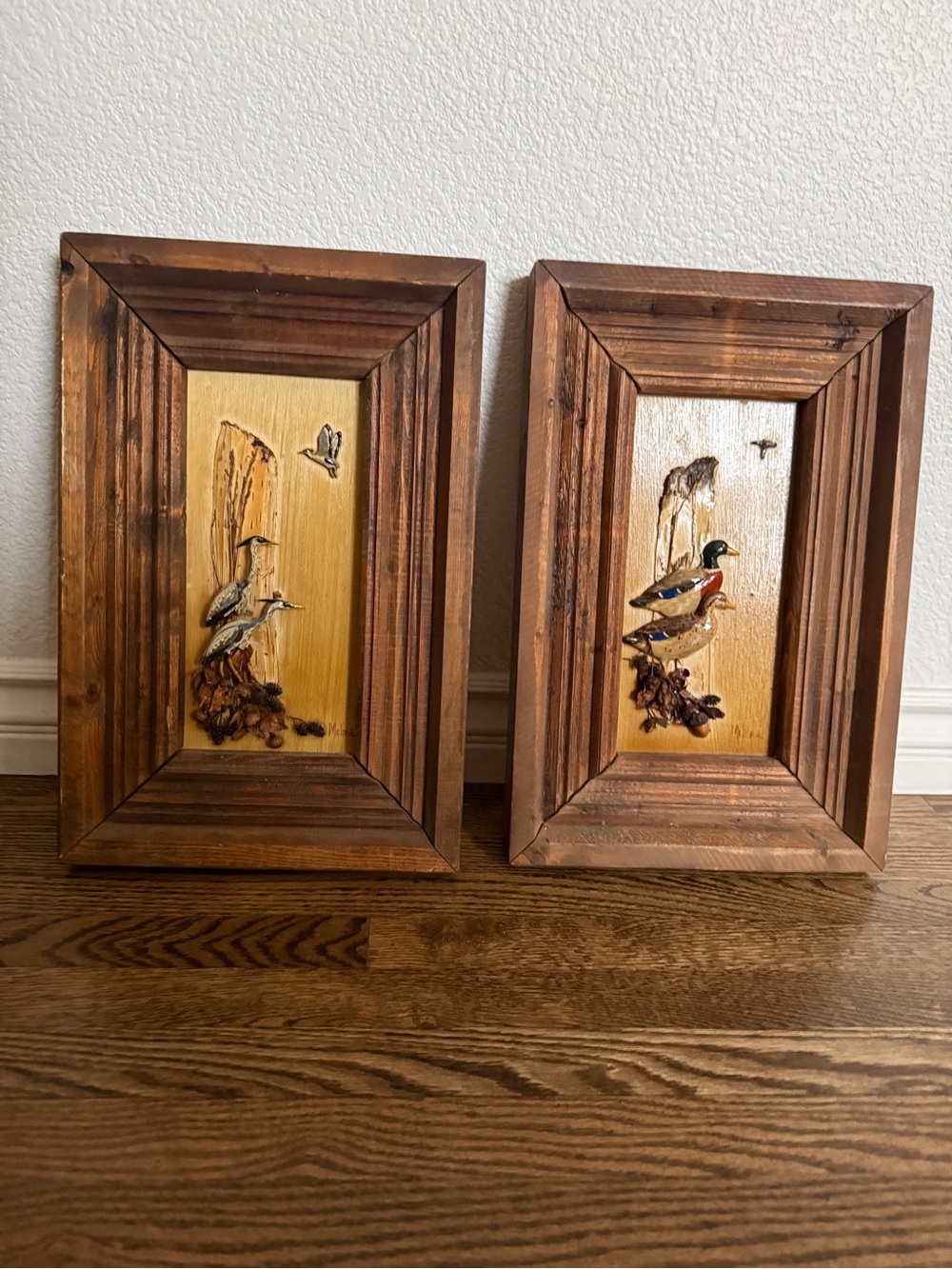 Set of 2 original signed McGee folk art Wooden Framed Bird rustic Wall Art
